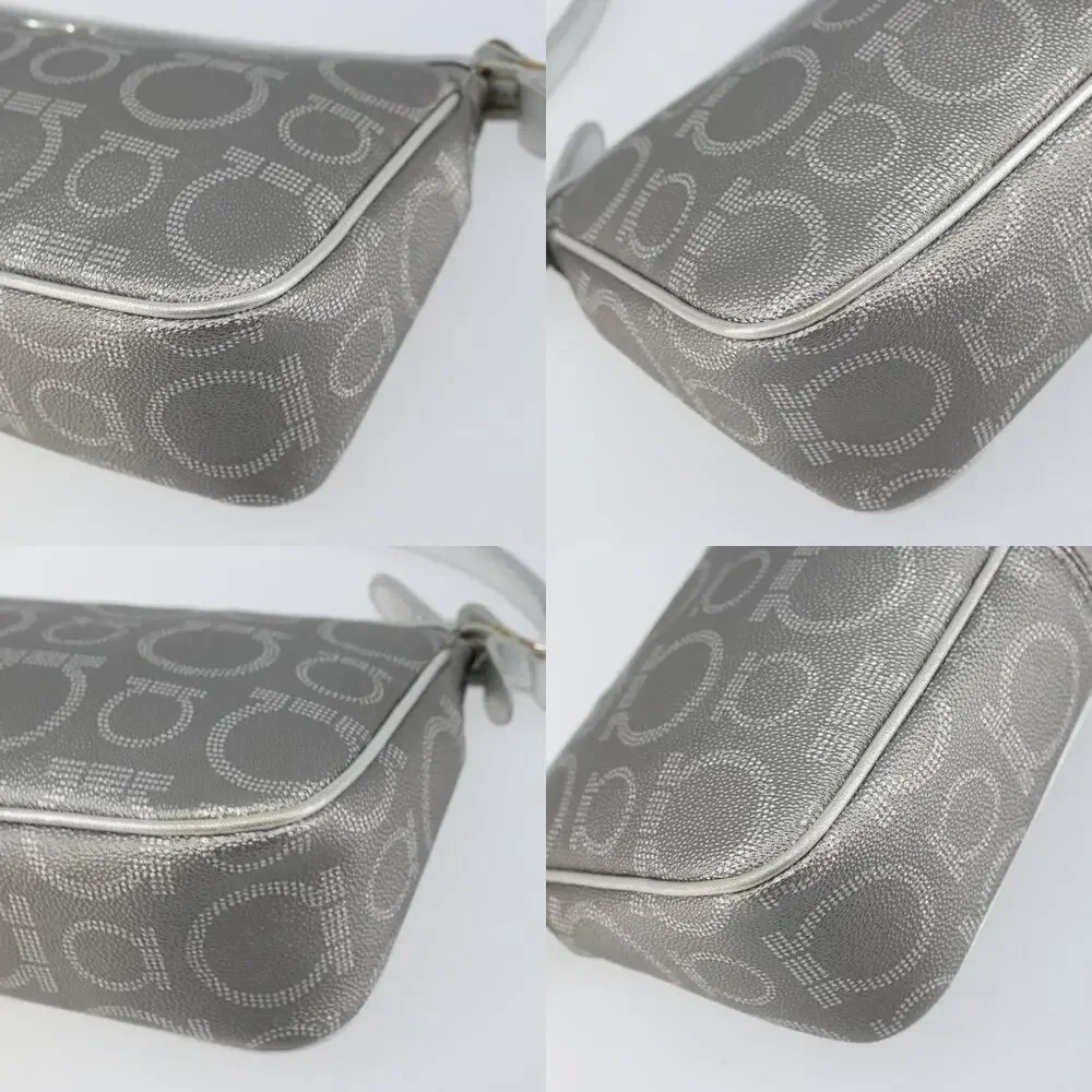 Salvatore Ferragamo Leather Coated Canvas Hand Pouch Silver